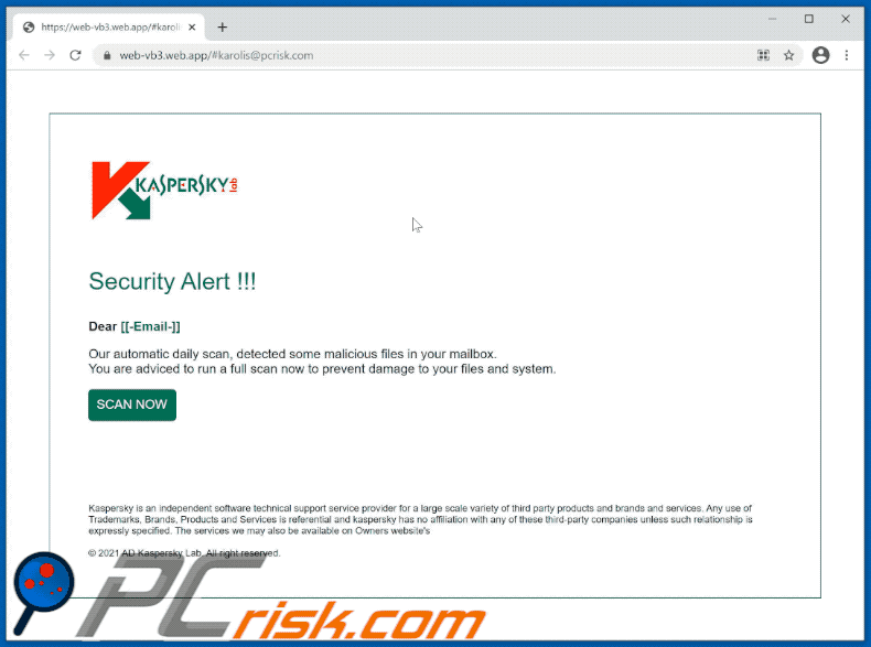 Kaspersky email scam promoted phishing website (GIF)