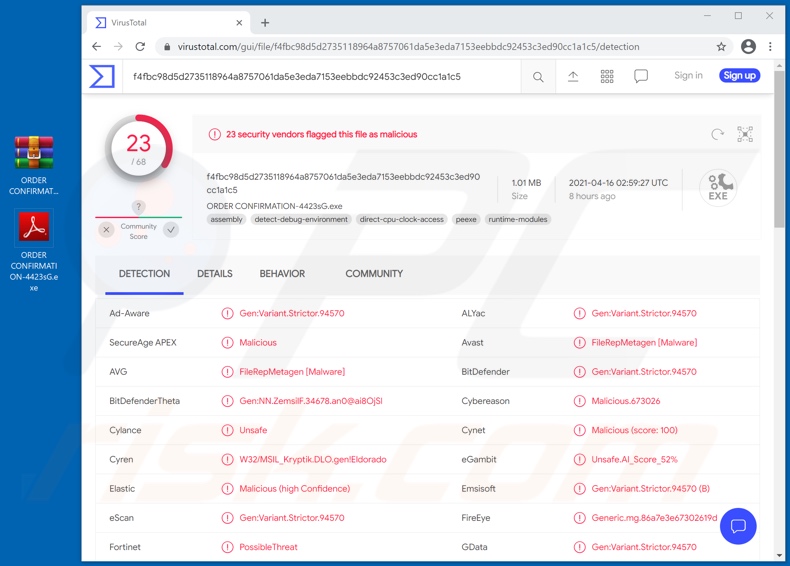 KIO KOREA email virus attachment detections (ORDER CONFIRMATION-4423sG.exe)