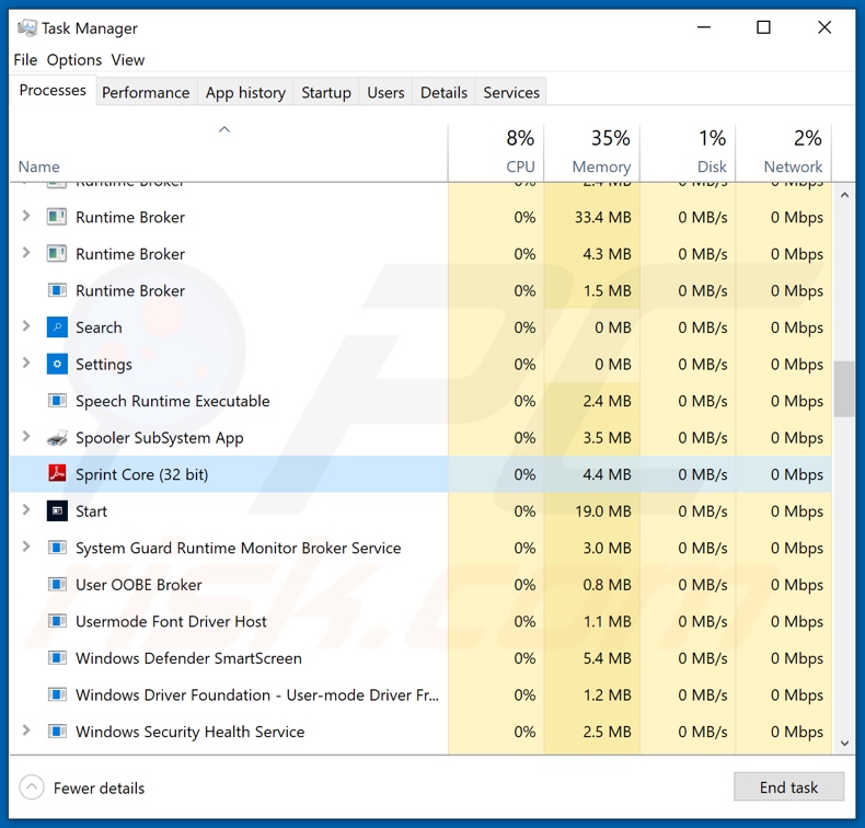 KIO KOREA email virus process on Task Manager (Sprint Core - process name)