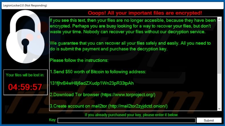 LegionLocker decrypt instructions (pop-up window)