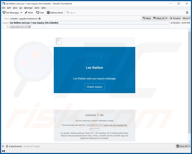 LinkedIn email spam campaign (subject/title - Lee Railton sent you 1 new inquiry (Via LinkedIn))