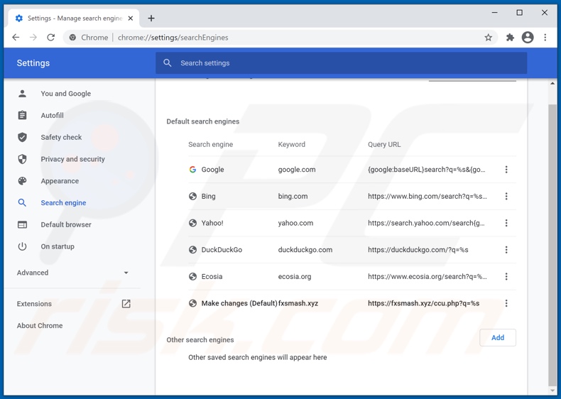 Removing fxsmash.xyz from Google Chrome default search engine