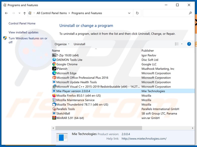 Mie Player adware uninstall via Control Panel