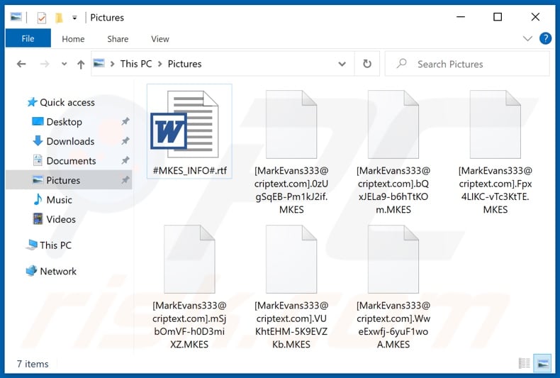 Files encrypted by MKES ransomware ([MarkEvans333@criptext.com].[random_string].MKES - file renaming pattern)