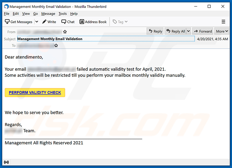 Monthly Email Validation-themed spam email (2021-04-21)