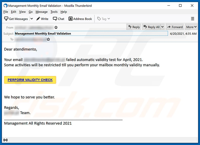 Monthly Email Validation-themed spam email (2021-04-21)