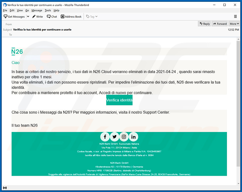 N26 bank-themed spam email (2021-04-26)