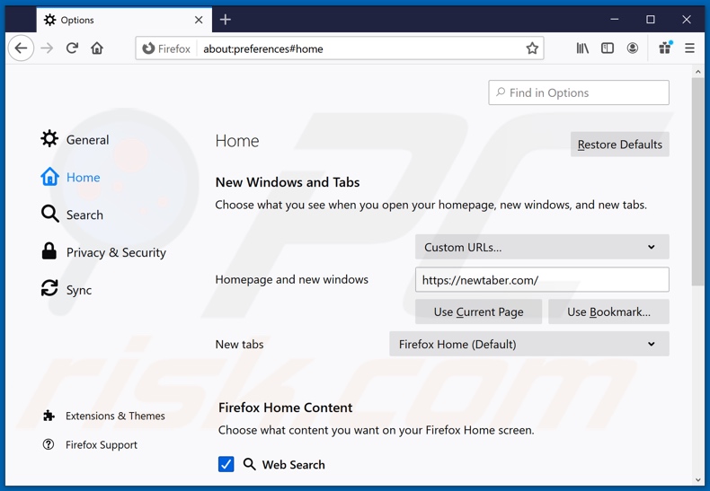 Removing newtaber.com from Mozilla Firefox homepage