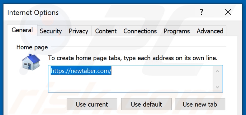 Removing newtaber.com from Internet Explorer homepage