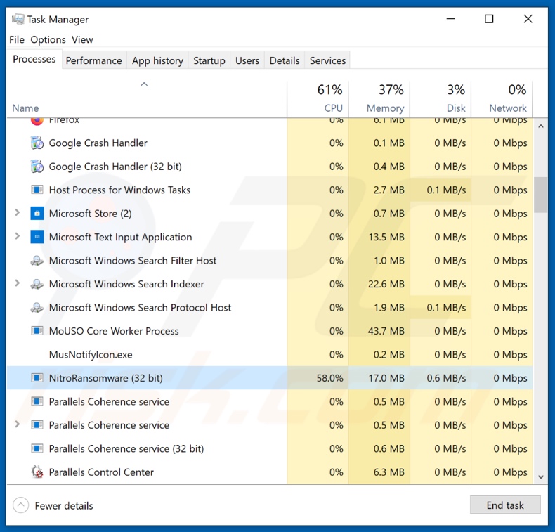 Nitro ransomware process on Task Manager (NitroRansomware - process name)