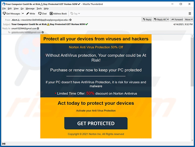 Norton Anti Virus Protection 50% Off scam email (2021-04-15)