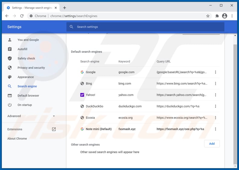 Removing fxsmash.xyz from Google Chrome default search engine