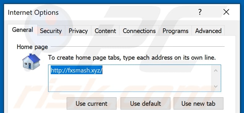 Removing fxsmash.xyz from Internet Explorer homepage