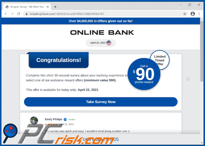Appearance of ONLINE BANK Reward scam