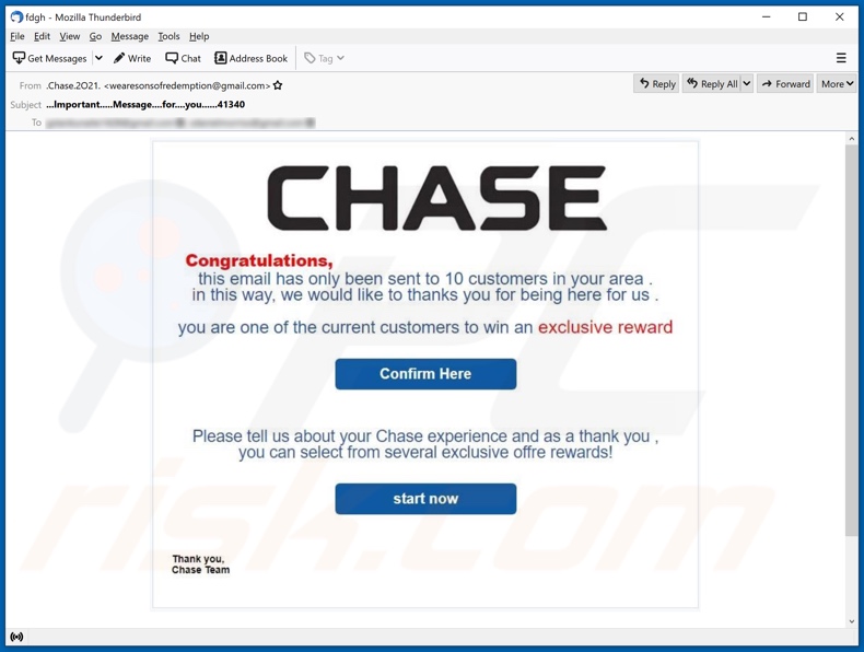 Deceptive email used to promote ONLINE BANK Reward scam