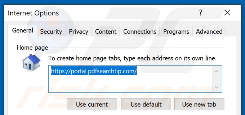 Removing pdfsearchtip.com from Internet Explorer homepage