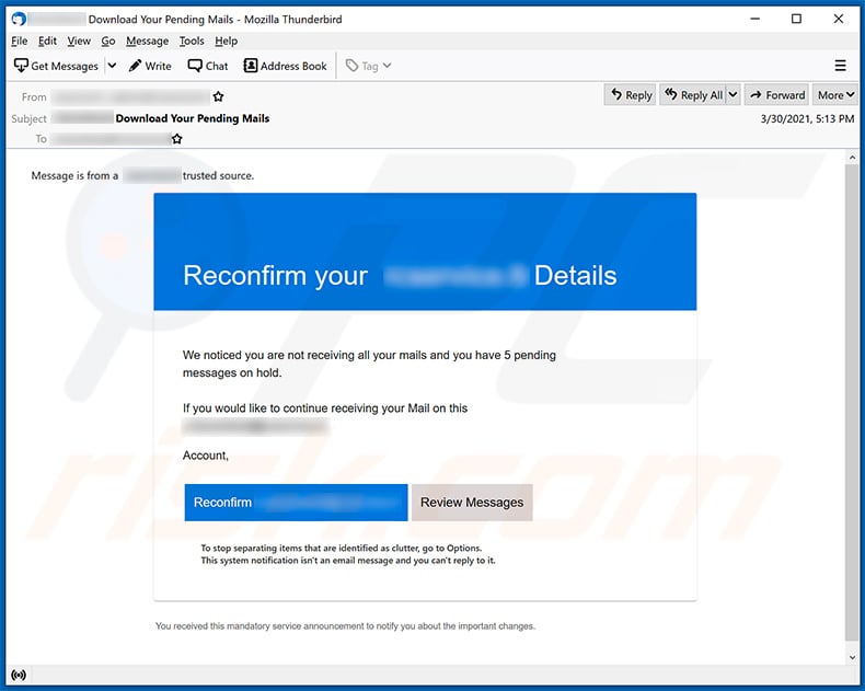 You have 5 pending messages on hold email scam (2021-04-01)