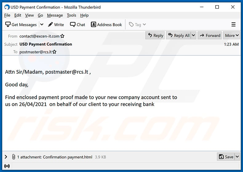 Proof of Payment-themed spam email (2021-04-27)