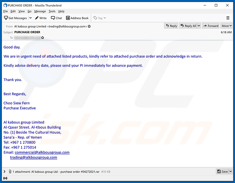 Purchase Order-themed spam email (2021-04-27)
