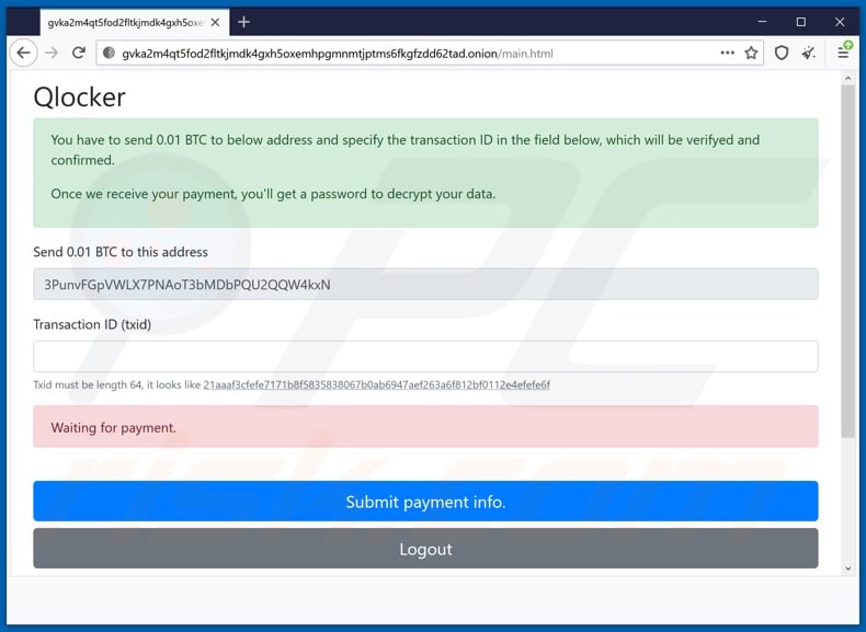 Qlocker ransomware website second page (displayed after entering the Client Key)