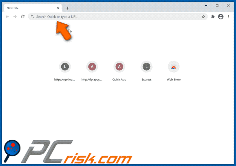 Quick App browser hijacker promoting quicknewtab.com fake search engine which redirects to Bing (GIF)