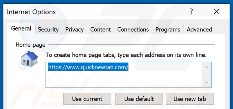 Removing quicknewtab.com from Internet Explorer homepage