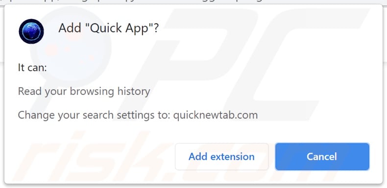 Quick App browser hijacker aking for various permissions