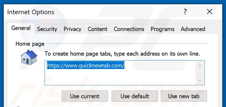 Removing quicknewtab.com from Internet Explorer homepage