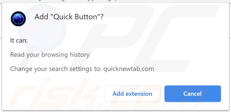Quick Button browser hijacker asking permission to track data