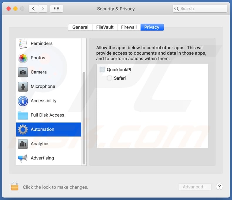 QuicklookPI adware within Automation settings