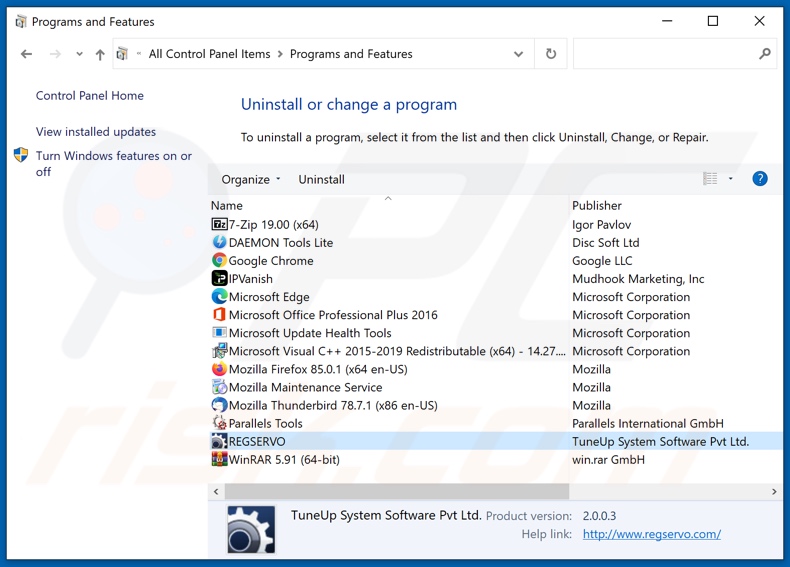 REGSERVO adware uninstall via Control Panel