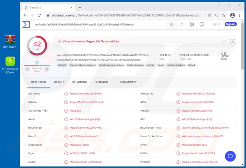 Romanian Post email virus attachment detections (PR119042245RO.exe filename)