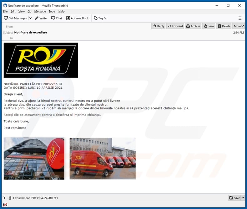 Romanian Post malware-spreading email spam campaign