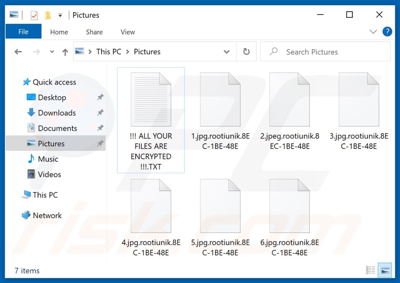 Files encrypted by Rootiunik ransomware (.rootiunik.[victim's_ID] - extension pattern)