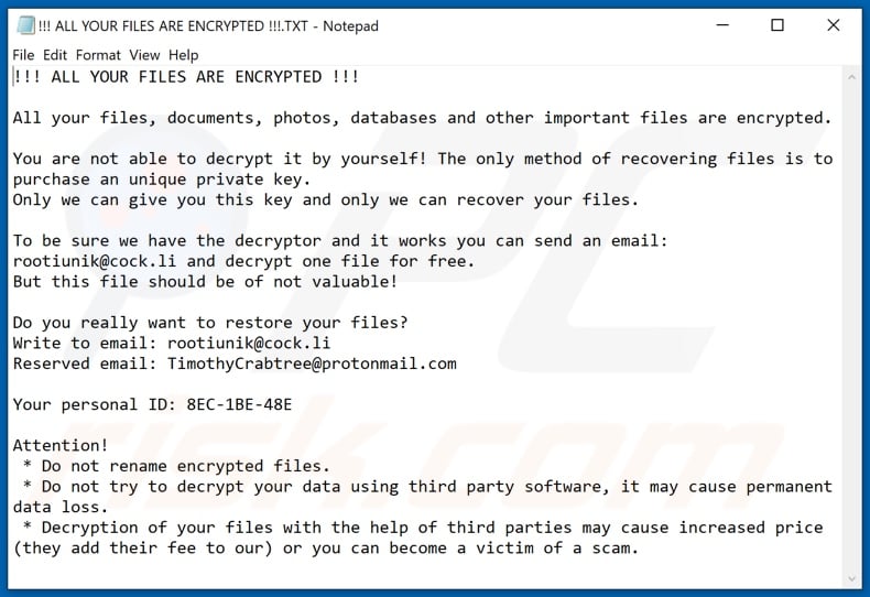 Rootiunik decrypt instructions (!!! ALL YOUR FILES ARE ENCRYPTED !!!.TXT)