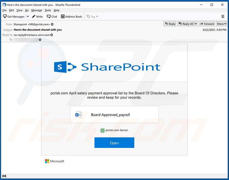 SharePoint-themed spam email promoting a phishing site (2021-04-23)