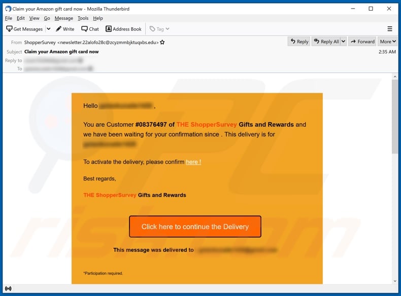 Shopper Survey scam promoting email