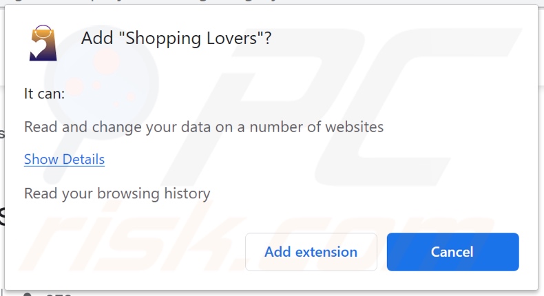 Shopping Lovers adware asking permission to track data