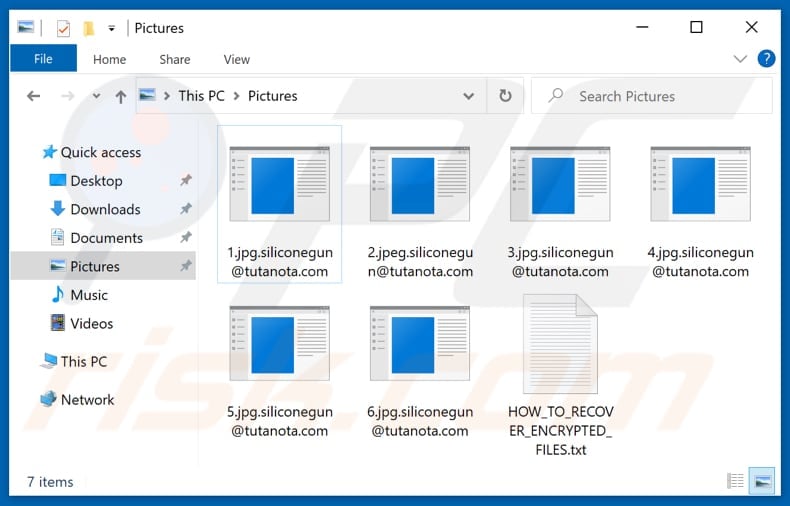 Files encrypted by Siliconegun ransomware (.siliconegun@tutanota.com extension)