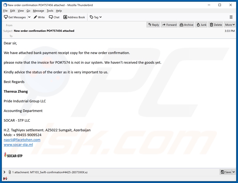 Socar malware-spreading email spam campaign
