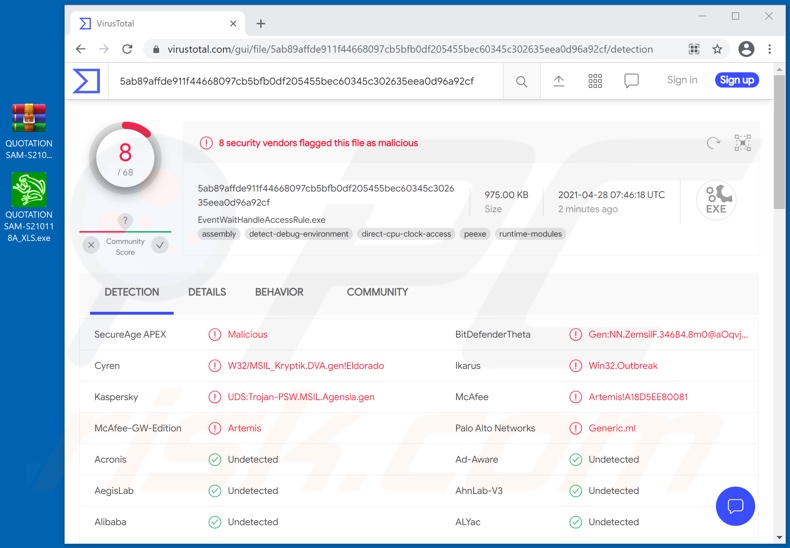 Spring Marine Management S.A. scam email attachment detections (QUOTATION: SAM-S210118A_XLS.exe)