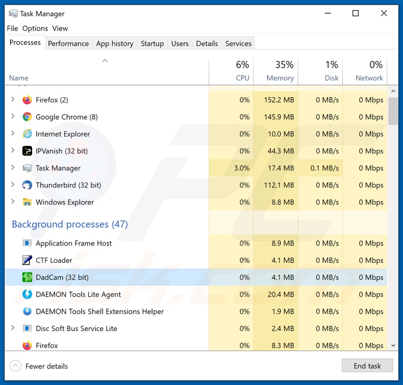 Spring Marine Management S.A. email virus process on Task Manager (DadCam process name)