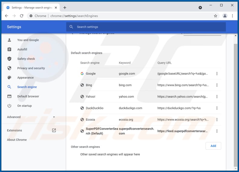 Removing superpdfconvertersearch.com from Google Chrome default search engine