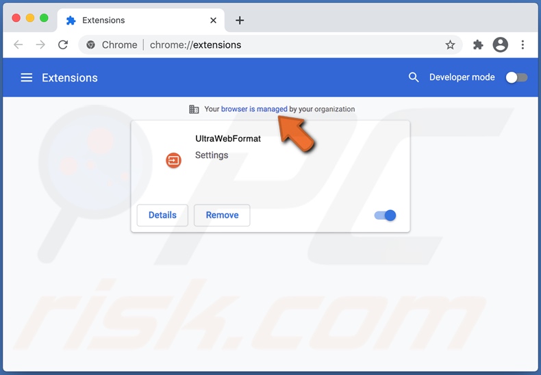 Managed by your organization feature added to Chrome by the UltraWebFormat browser hijacker
