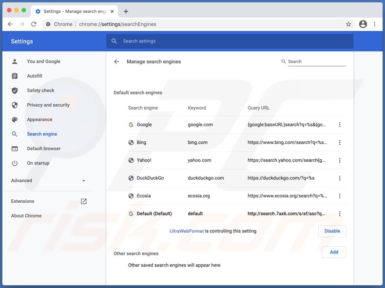 UltraWebFormat promoted fake search engine (search.7ax6.com) set as default in Chrome