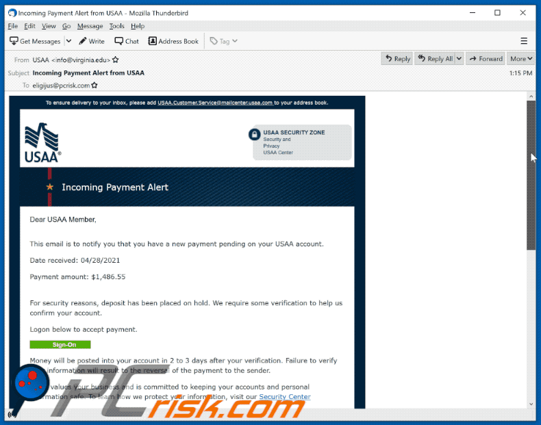 USAA-themed spam email (sample 2 - 2021-04-28)