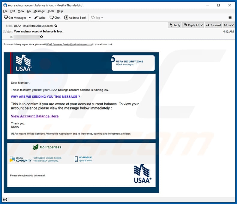 USAA-themed spam email (sample 1 - 2021-04-28)