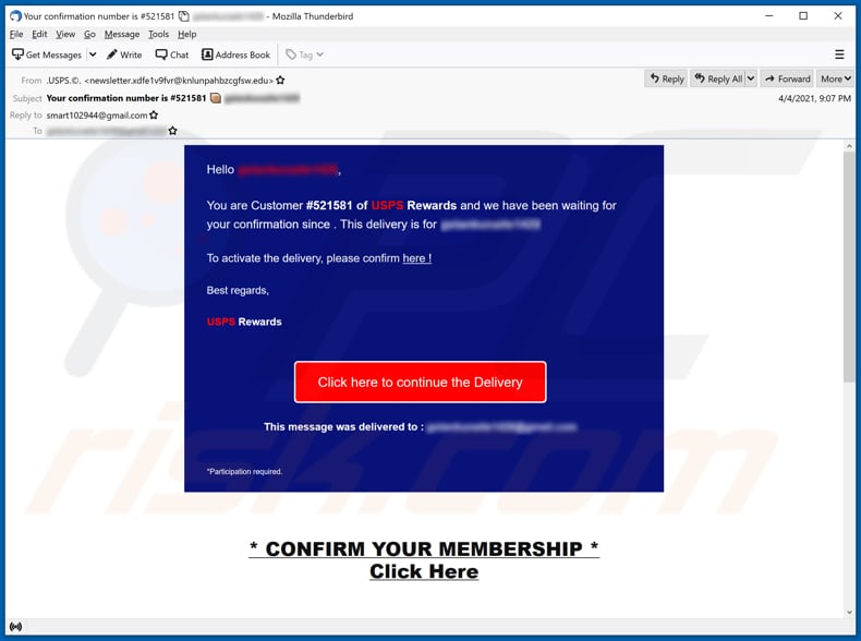 usps rewards scam email used to promote this scam website