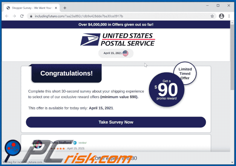 usps rewards scam main website appearance
