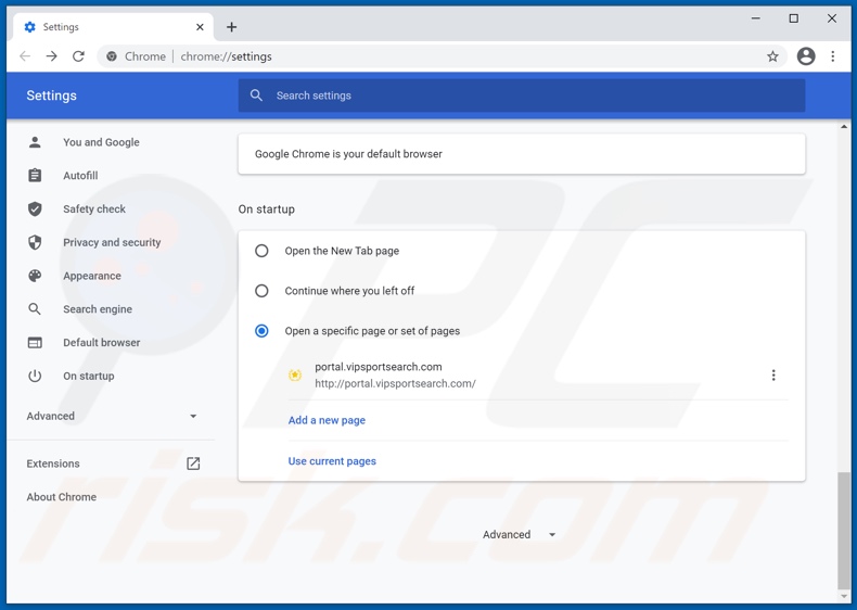 Removing vipsportsearch.com from Google Chrome homepage